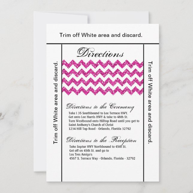 3.5x6 Riktningskort Rosa Glitter Chevron Rand Inbjudningar (Framsida)