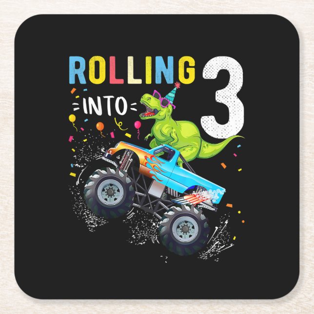 3 års ålder Dinosaur Monster Lastbil Underlägg Papper Kvadrat (Framsidan)