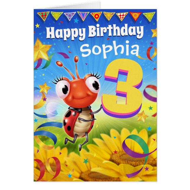 3 års Anpassningsbar födelsedagskort Liten Ladybug Hälsningskort (Framsidan)