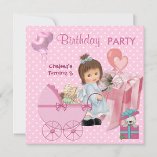 3-års födelsedag 3 Party Söta Rosa Hjärtan Flickor Inbjudningar