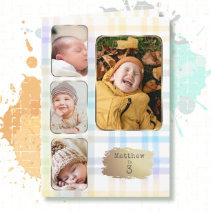 3-års födelsedag 4 Bildcollage Rutig akvarell Kort
