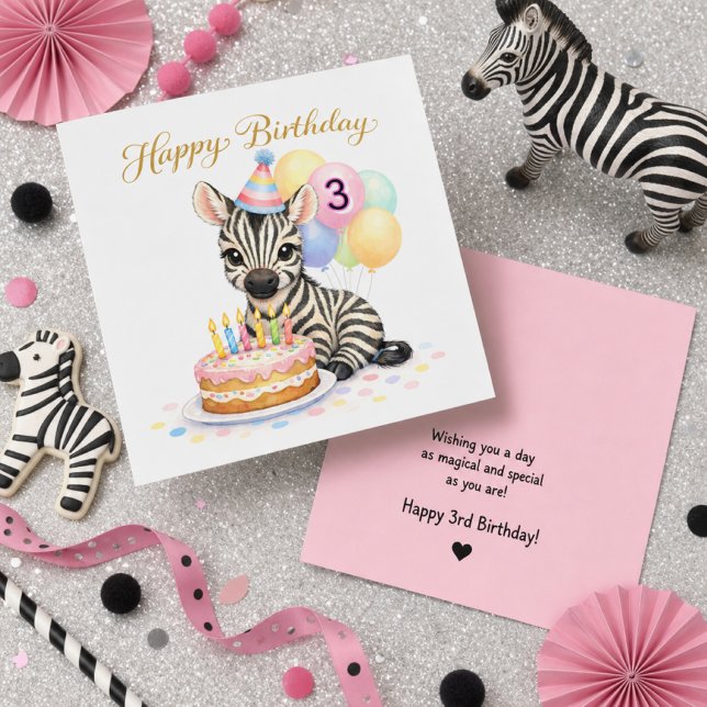 3-års födelsedag för flickor - Söt zebra gratulati (This adorable, fully customizable greeting card is the perfect way to celebrate a little girl)