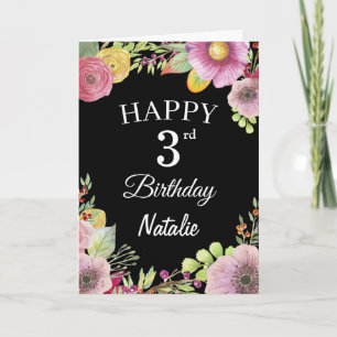 3-års födelsedag Vattenfärg Blommor Svart Kort