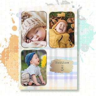 3-års födelsedags 3 Foto Collage Rutig Akvarell Kort