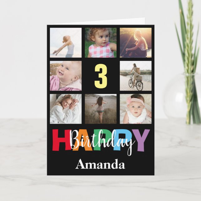 3-års födelsedags fotokollage Modern svart Kort (Framsida)