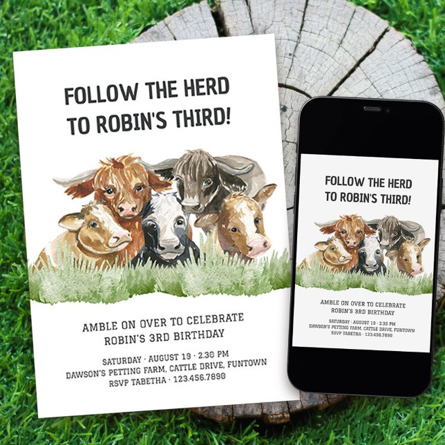 3-års födelsedags gårdstema Följ hjorden Inbjudningar (Invite your guests to amble on over with a fun farm themed "Follow the Herd" 3rd birthday invitation)