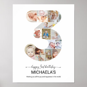 3-års födelsedags Nummer 3 Fotokollage Anpassad bi Poster