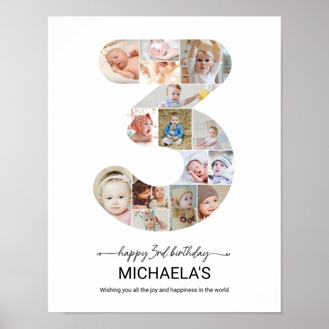 3-års födelsedags Nummer 3 Fotokollage Anpassad bi Poster (Framsidan)