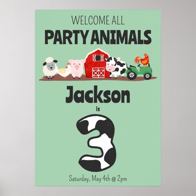 3-års födelsedags välkomstfest Djur Bondgård Poster (Framsidan)