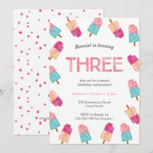 3-års födelsedagsfest | Glass-inbjudan med Popsicl