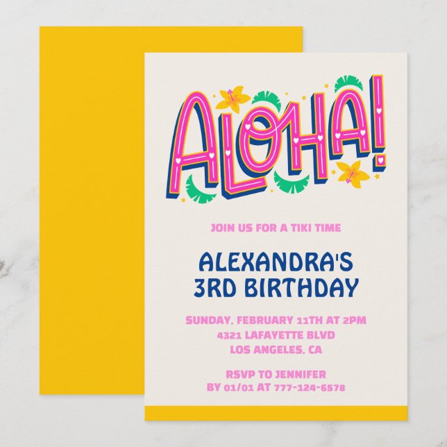 3-års födelsedagsinbjudningar Tropical Aloha Hawai Inbjudningar (Fram/baksida)