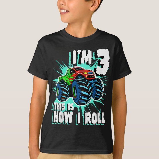 3 års gamle Monster Lastbil Födelsedagsfest 3:e bo T Shirt (Framsida)