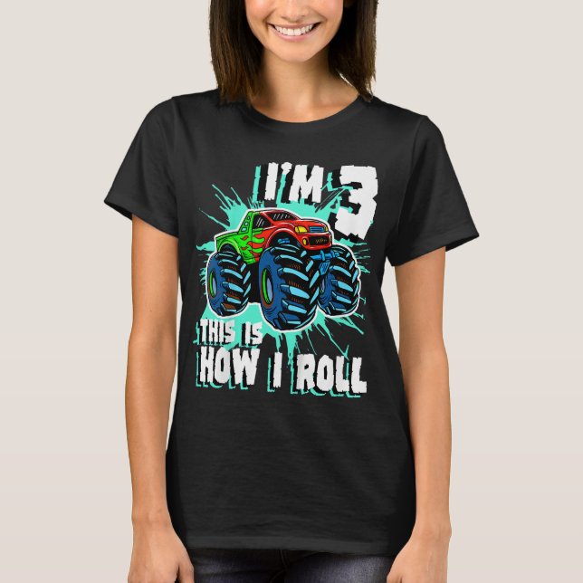 3 års gamle Monster Lastbil Födelsedagsfest 3:e bo T Shirt (Framsida)