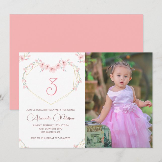 3-års inbjudan Boho Blommig Foto (Fram/baksida)