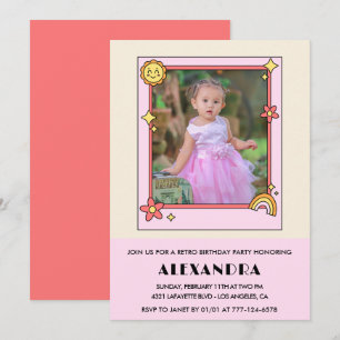 3-års inbjudan Retro Groovy Rosa Blommig