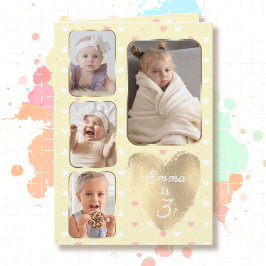 3-årsdag 4 Bilder Gul Guld Rosa Hjärtan Kort