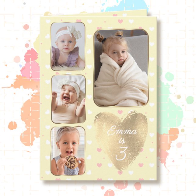 3-årsdag 4 Bilder Gul Guld Rosa Hjärtan Kort (Skapare uppladdad)