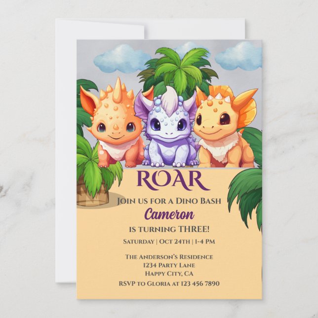 3-årsdagen Dinosaur Party a Dino Bash Inbjudningar (Framsida)