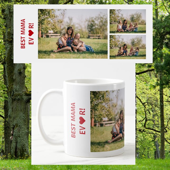 3 Bilder Bästa mamma någonsin Fotokollage Mors dag Kaffemugg (Best Mama Ever, heart. Photo collage, 3 personalized photos. Elegant, Modern Mother's Day bday gift)