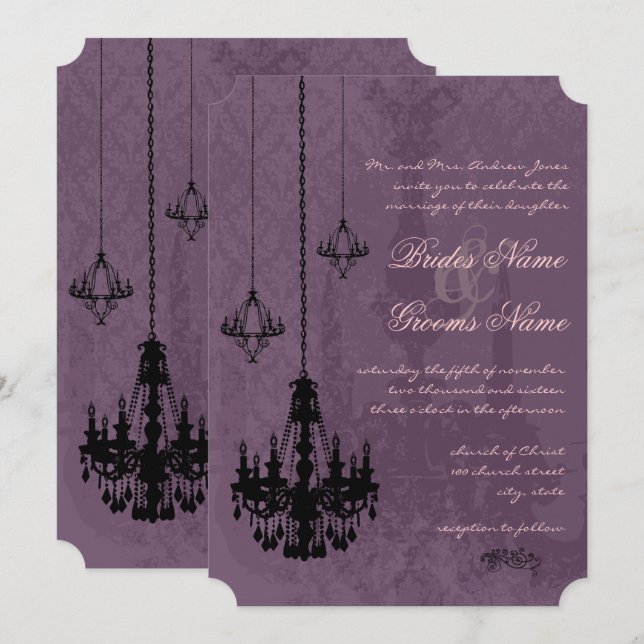 3 Black Chandeliers Eggplant Damask Wedding Inbjudningar (Fram/baksida)