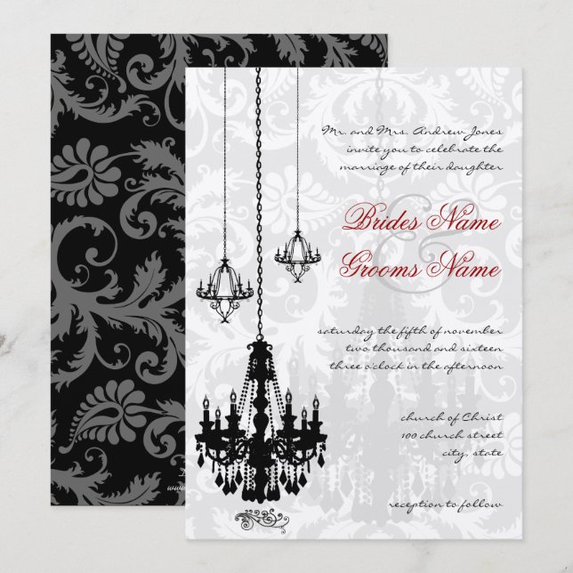3 Black Chandeliers Shadow Damask Wedl I Inbjudningar (Fram/baksida)