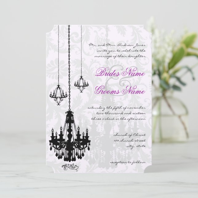 3 Black Chandeliers Victorian Damask Wedding Inbjudningar (Stående Fram)