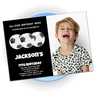 3 Bollar Black Soccer Birthday-inbjudningar med fo Inbjudningar