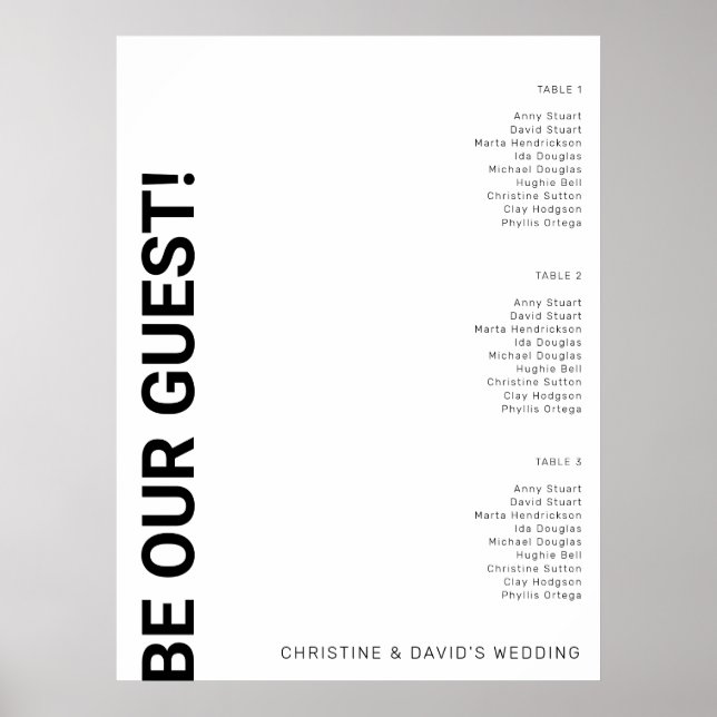 3 bord enkelt sittdiagram för vit Bröllop Poster (Framsidan)