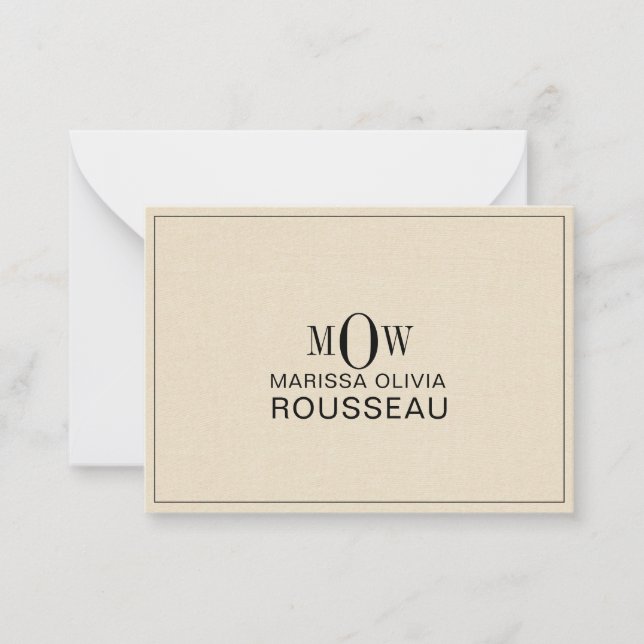 3 Brev Monogram Initialer Namn Faux Bisque Linen Anteckningskort (Framsida)