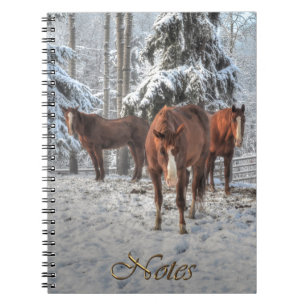 3 Chestnut Dun Ranch Horses i en vinterskog Anteckningsbok