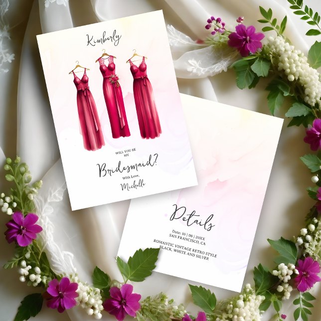 3 Chic Fuchsia Bridesmaid Dresses Watercolor Ask (Glam 3 Chic Fuchsia Shades Bridesmaid Dresses Watercolor Effect Proposal Card.)