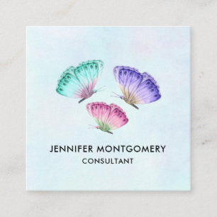 3 Cute Colorful Pastel Watercolor Butterflies Fyrkantigt Visitkort