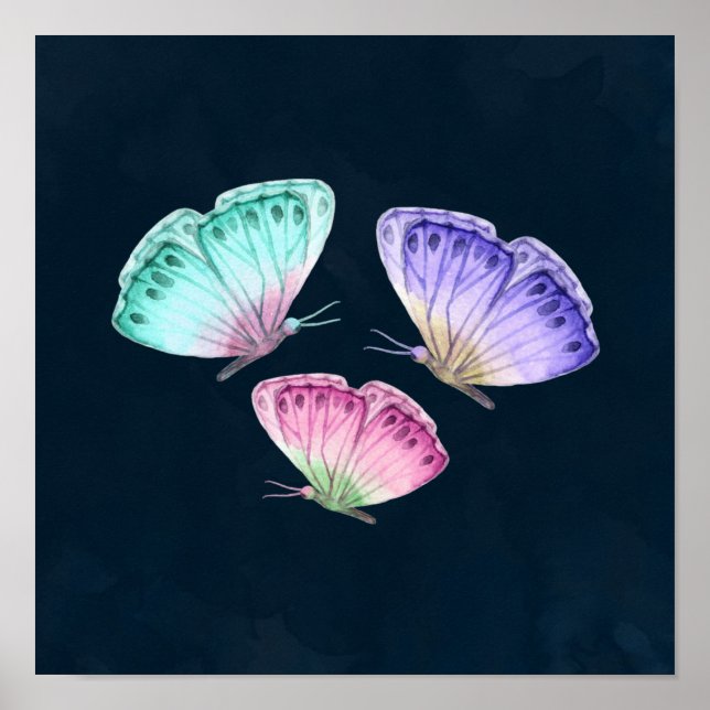 3 Cute Colorful Pastel Watercolor Butterflies Poster (Framsidan)