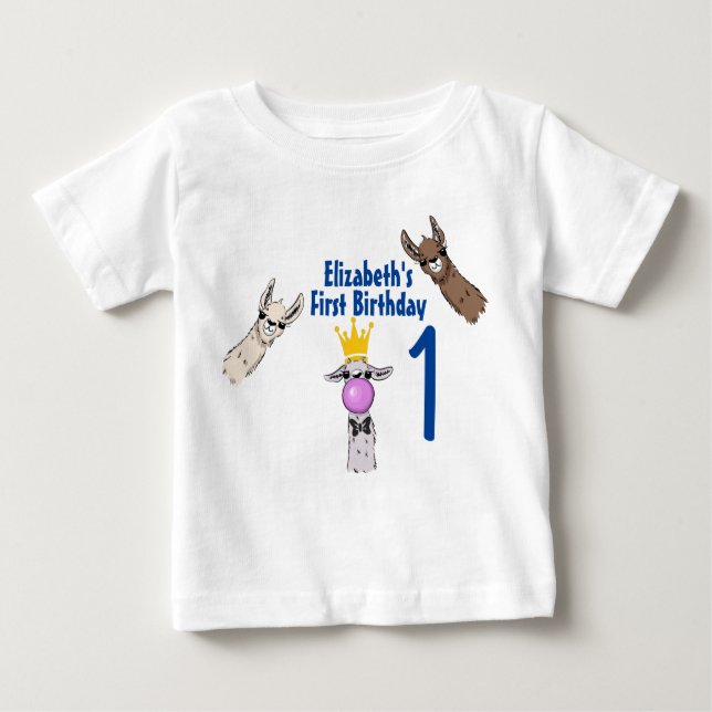 3 Cute Llama Ansikte Illustration 1:a födelsedagen T Shirt (Framsida)