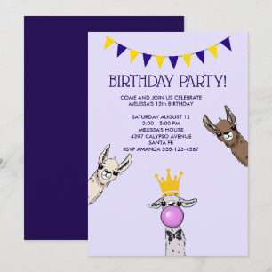 3 Cute Llama Ansikte Illustration Födelsedagsfest Inbjudningar