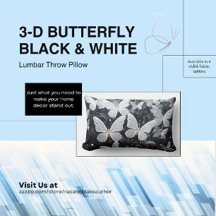 3-D Butterfly Black & White Lumbar Dekorativ kudde