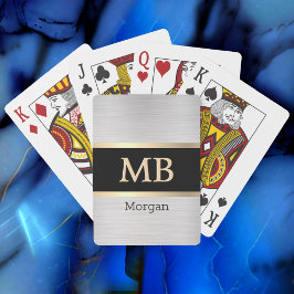 3-D Guld Monogram/Namn, Guld Rand, Svarta/Silver Casinokort