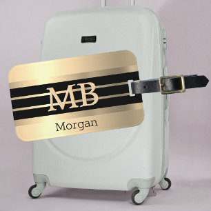3-D Guld Monogram/Namn, Svarta/Guld Rand, Guld Bagagebricka
