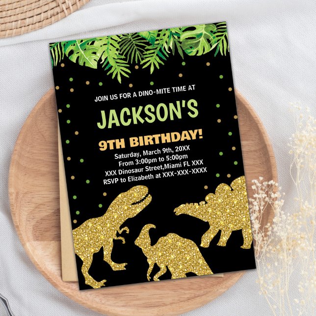 3 Dino Black Glitter Dinosauer Birthday-inbjudning Inbjudningar (3 Dino Black Glitter Dinosaur Birthday Invitations)