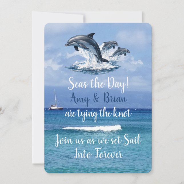 3 Dolphins Ocean Wedding Invite Seas the Day Inbjudningar (Framsida)