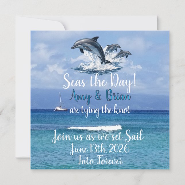 3 Dolphins Ocean Wedding Invite Seas the Day Spara Datumet (Framsida)