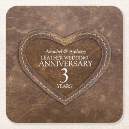 3:e Bröllop-årsdagen Brun läderhjärta Underlägg Papper Kvadrat