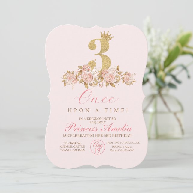 3:e Cute Rosa Guld Krona Princess Birthday Inbjudningar (Stående Fram)