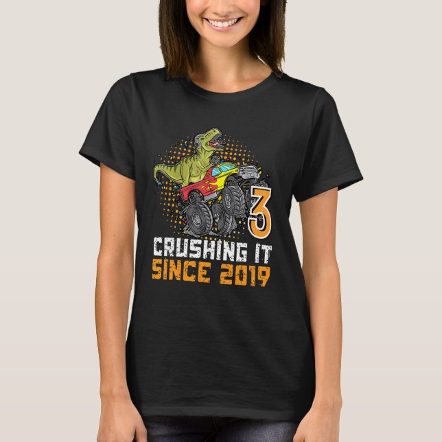 3:e födelsedag dinosaur monster lastbil Crushing i T Shirt (Framsida)