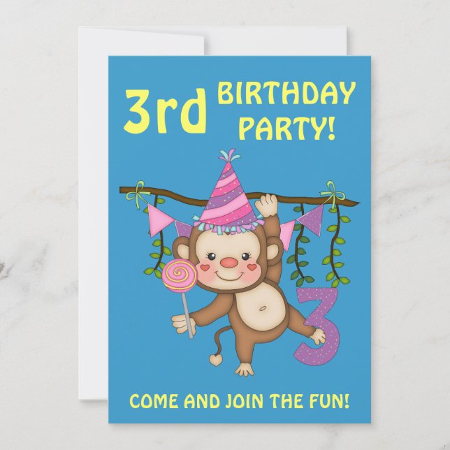 3:e födelsedag Party-Cute-apa+färgämnen Inbjudningar (Framsida)