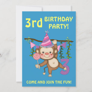 3:e födelsedag Party-Cute-apa+färgämnen Inbjudningar