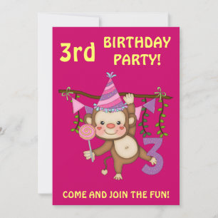 3:e födelsedag Party-Cute-apa+färgämnen Inbjudningar