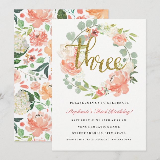 3:e födelsedag Rosa Guld Blommigt Utandningsinbjud Inbjudningar (Fram/baksida)