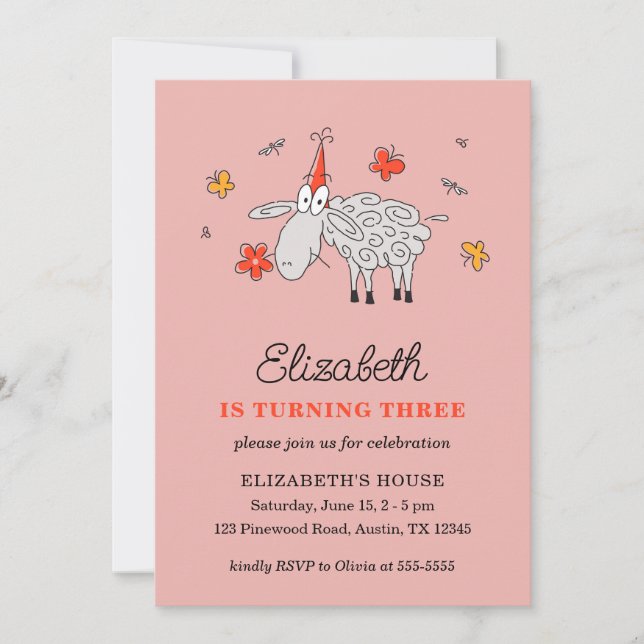 3:e födelsedag (Tecknad) Cute Sheep Flower Lamb Inbjudningar (Framsida)