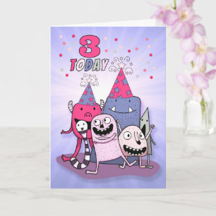 3:e födelsedag Tecknad för Rosa och Lila Kort